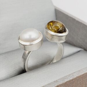 Handcrafted Sterling Silver Pearl and Amber Double Stone Ring